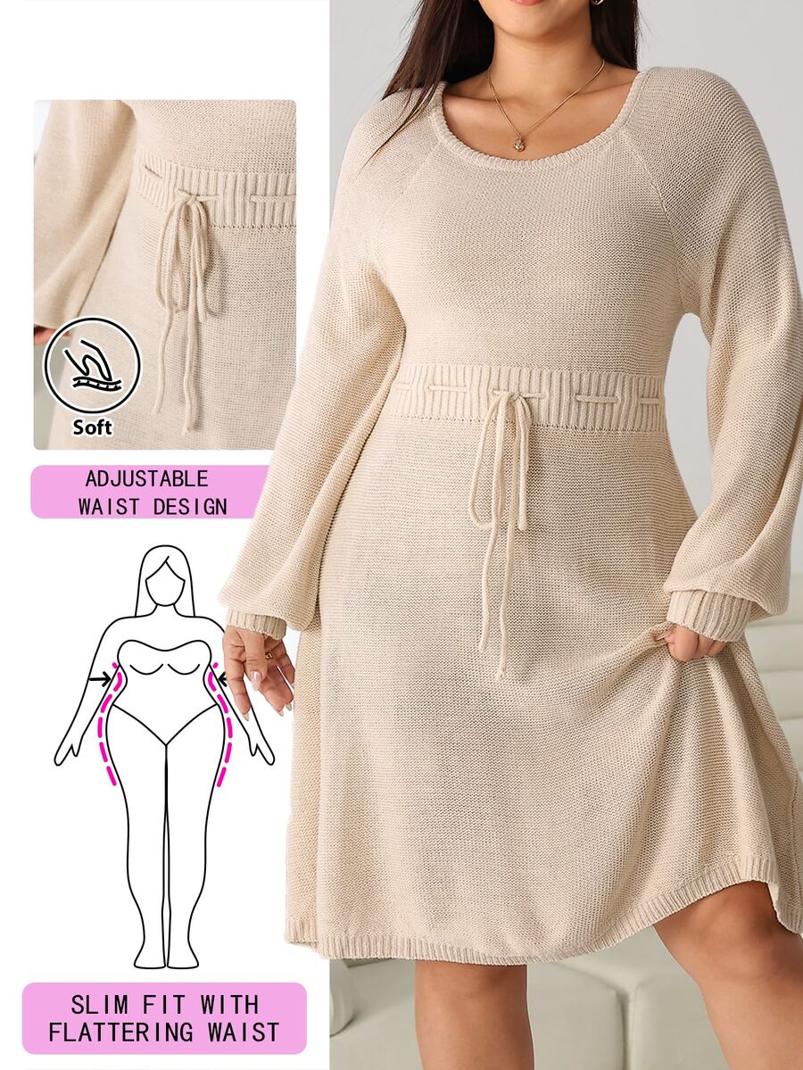 Solflare Plus Size Women Solid Color Round Neck Raglan Long Sleeve Waist Tie Knit Dress - Apricot - View 1