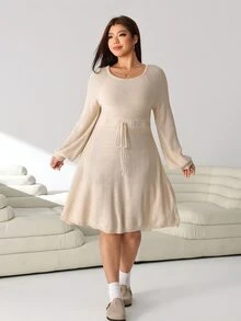 Solflare Plus Size Women Solid Color Round Neck Raglan Long Sleeve Waist Tie Knit Dress - Apricot - View 3