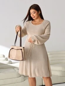 Solflare Plus Size Women Solid Color Round Neck Raglan Long Sleeve Waist Tie Knit Dress - Apricot - View 5