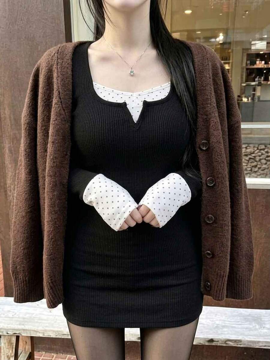 FRIFUL 女款拼接黑色波點印花長袖 2 合 1 貼身洋裝,適合約會、早午餐、日間穿著,秋季優雅法式風 - 黑色 - 查看 1