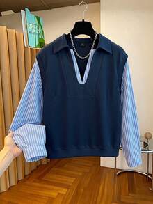 Grovea Sweatshirt Wanita Ukuran Besar Model V-Collar Garis-garis Patchwork 2 in 1, Musim Gugur/Dingin, Pakaian Kasual Sehari-hari dan Kantor. - Navy Blue - View 4