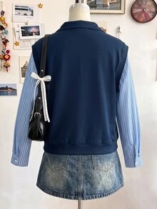 Grovea Sweatshirt Wanita Ukuran Besar Model V-Collar Garis-garis Patchwork 2 in 1, Musim Gugur/Dingin, Pakaian Kasual Sehari-hari dan Kantor. - Navy Blue - View 2