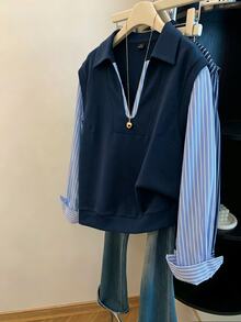 Grovea Sweatshirt Wanita Ukuran Besar Model V-Collar Garis-garis Patchwork 2 in 1, Musim Gugur/Dingin, Pakaian Kasual Sehari-hari dan Kantor. - Navy Blue - View 3