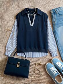 Grovea Sweatshirt Wanita Ukuran Besar Model V-Collar Garis-garis Patchwork 2 in 1, Musim Gugur/Dingin, Pakaian Kasual Sehari-hari dan Kantor. - Navy Blue - View 9
