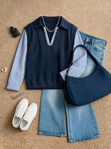 Grovea Sweatshirt Wanita Ukuran Besar Model V-Collar Garis-garis Patchwork 2 in 1, Musim Gugur/Dingin, Pakaian Kasual Sehari-hari dan Kantor. - Navy Blue - View 1