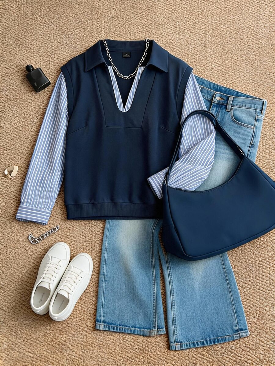 Grovea Sweatshirt Wanita Ukuran Besar Model V-Collar Garis-garis Patchwork 2 in 1, Musim Gugur/Dingin, Pakaian Kasual Sehari-hari dan Kantor. - Navy Blue - View 1