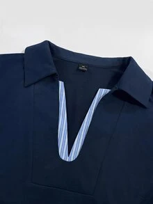 Grovea Sweatshirt Wanita Ukuran Besar Model V-Collar Garis-garis Patchwork 2 in 1, Musim Gugur/Dingin, Pakaian Kasual Sehari-hari dan Kantor. - Navy Blue - View 6