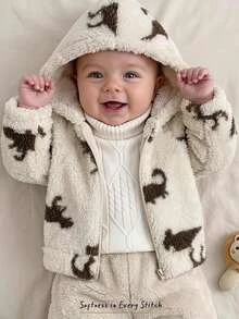Cozy Pixies Newborn Baby Boy Baby Girl Cartoon Dinosaur Animal Pattern Fleece Lined Thick Zipper Long Sleeve Winter Jacket Versatile Comfortable - Beige - View 1