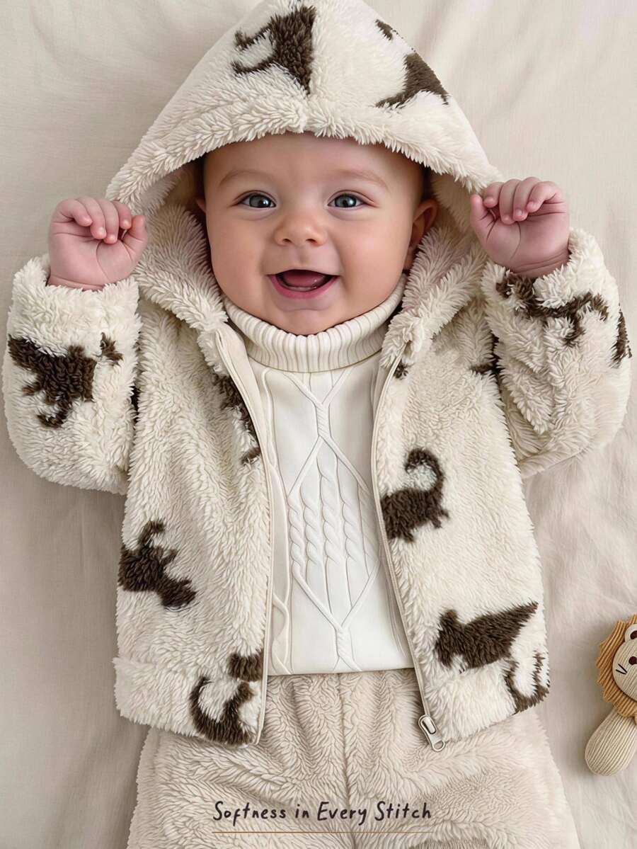 Cozy Pixies Newborn Baby Boy Baby Girl Cartoon Dinosaur Animal Pattern Fleece Lined Thick Zipper Long Sleeve Winter Jacket Versatile Comfortable - Beige - View 1