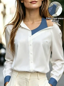 SHEIN New Autumn Style White And Blue Faux Two Pieces Collared Cold Shoulder Long-Sleeved Women's Blouse, Elegant, Suitable For Halloween And Commuting. - Blue and White - View 6