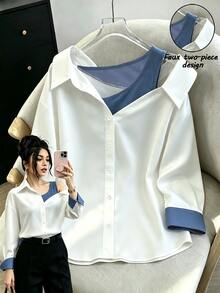SHEIN New Autumn Style White And Blue Faux Two Pieces Collared Cold Shoulder Long-Sleeved Women's Blouse, Elegant, Suitable For Halloween And Commuting. - Blue and White - View 3
