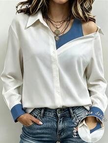 SHEIN New Autumn Style White And Blue Faux Two Pieces Collared Cold Shoulder Long-Sleeved Women's Blouse, Elegant, Suitable For Halloween And Commuting. - Blue and White - View 1