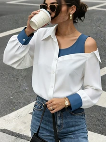 SHEIN New Autumn Style White And Blue Faux Two Pieces Collared Cold Shoulder Long-Sleeved Women's Blouse, Elegant, Suitable For Halloween And Commuting. - Blue and White - View 8