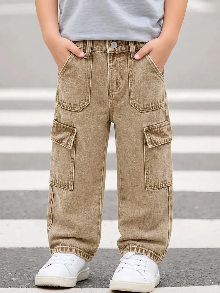 Genkimix Kids Boys' (Small) Denim Winter Multi-Pocket Cargo Straight Leg Pants, Mid-Blue Wash, Elastic Waistband, Cotton Fabric, School, Outdoor Activities, Travel - Khaki - View 1