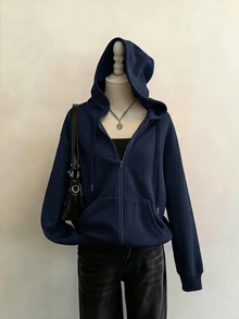 Attitoon Casual Minimalist Printed Pattern Navy Blue Hooded Sweatshirt Long Sleeve Loose Fit Women's Sweatshirt Suitable For Autumn/Winter - Navy Blue - View 9