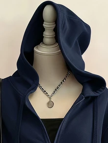 Attitoon Casual Minimalist Printed Pattern Navy Blue Hooded Sweatshirt Long Sleeve Loose Fit Women's Sweatshirt Suitable For Autumn/Winter - Navy Blue - View 5