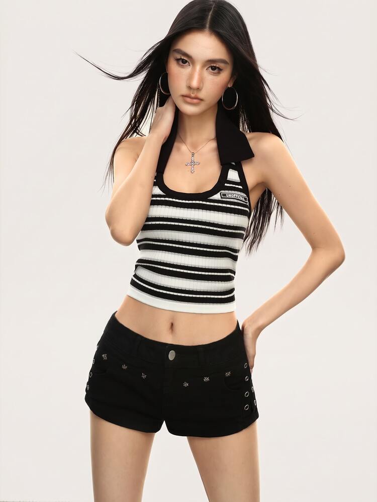 Rina Fox Summer Fashion Metal Decor Low Waist Denim Shorts Y2k - Black - View 3