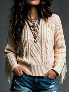 Elenzga Women's Round Neck Solid Color Tassel Pullover Sweater - Apricot - View 1
