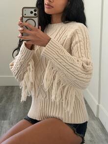 Elenzga Women's Round Neck Solid Color Tassel Pullover Sweater - Apricot - View 5