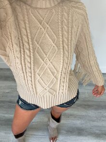 Elenzga Women's Round Neck Solid Color Tassel Pullover Sweater - Apricot - View 4