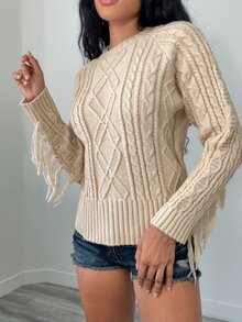 Elenzga Women's Round Neck Solid Color Tassel Pullover Sweater - Apricot - View 3