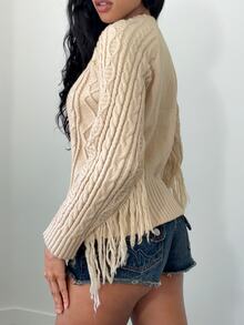 Elenzga Women's Round Neck Solid Color Tassel Pullover Sweater - Apricot - View 2