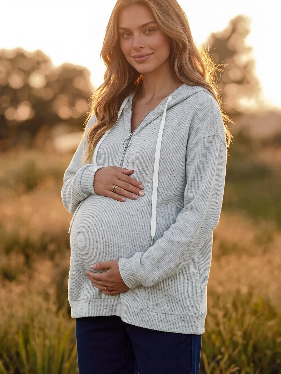 Boho Mama Maternity Solid Color Drop Shoulder Long Sleeve Zip-Up Half ...