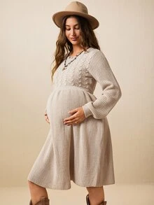 Boho Mama Gaun Rajut Lengan Lentera Kasual untuk Liburan Ibu Hamil - Aprikot - View 9