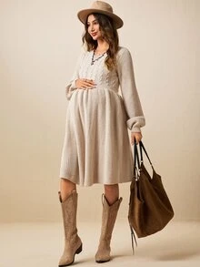 Boho Mama Gaun Rajut Lengan Lentera Kasual untuk Liburan Ibu Hamil - Aprikot - View 6