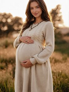Boho Mama Gaun Rajut Lengan Lentera Kasual untuk Liburan Ibu Hamil - Aprikot - View 2