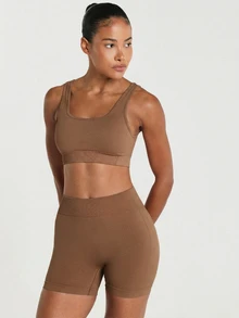 11SKNDS Seamfree Body-Enhancing High-Rise Cycling Shorts With Sculpting Waistband And Smooth Knit Fabric With Sweat-Wicking, Stretchy, Quick-Dry & Tummy Control, For Gym Workout Fitness Yoga Pilates Studio, Running, Training & Hy-Rox - Mocha Brown - View 4