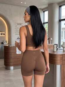 11SKNDS Seamfree Body-Enhancing High-Rise Cycling Shorts With Sculpting Waistband And Smooth Knit Fabric With Sweat-Wicking, Stretchy, Quick-Dry & Tummy Control, For Gym Workout Fitness Yoga Pilates Studio, Running, Training & Hy-Rox - Mocha Brown - View 1