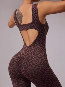Slayform Slayform 1pc Seamless High Elastic Leopard Print Cutout Hollow Out Sports Jumpsuit For Women, Suitable For Fitness, Daily Wear - Coffee Brown - View 5