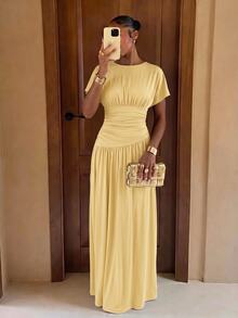 Lumalex New Pale Yellow Short Sleeve Ruched Waist Design Round Neck Long Dress Brunch Vacation Summer Elegant - Yellow - View 4