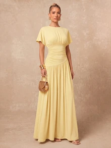 Lumalex New Pale Yellow Short Sleeve Ruched Waist Design Round Neck Long Dress Brunch Vacation Summer Elegant - Yellow - View 12