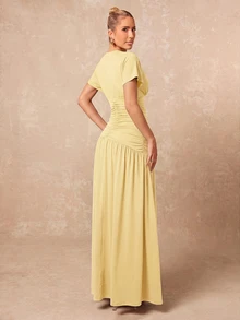 Lumalex New Pale Yellow Short Sleeve Ruched Waist Design Round Neck Long Dress Brunch Vacation Summer Elegant - Yellow - View 2