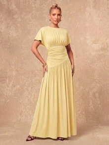 Lumalex New Pale Yellow Short Sleeve Ruched Waist Design Round Neck Long Dress Brunch Vacation Summer Elegant - Yellow - View 10