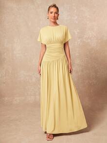 Lumalex New Pale Yellow Short Sleeve Ruched Waist Design Round Neck Long Dress Brunch Vacation Summer Elegant - Yellow - View 11