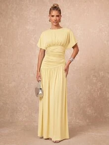 Lumalex New Pale Yellow Short Sleeve Ruched Waist Design Round Neck Long Dress Brunch Vacation Summer Elegant - Yellow - View 7