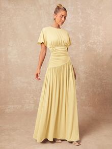 Lumalex New Pale Yellow Short Sleeve Ruched Waist Design Round Neck Long Dress Brunch Vacation Summer Elegant - Yellow - View 6