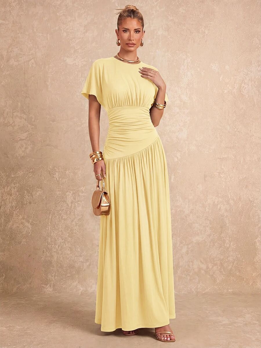 Lumalex New Pale Yellow Short Sleeve Ruched Waist Design Round Neck Long Dress Brunch Vacation Summer Elegant - Yellow - View 1