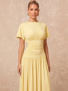 Lumalex New Pale Yellow Short Sleeve Ruched Waist Design Round Neck Long Dress Brunch Vacation Summer Elegant - Yellow - View 5