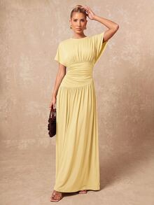 Lumalex New Pale Yellow Short Sleeve Ruched Waist Design Round Neck Long Dress Brunch Vacation Summer Elegant - Yellow - View 3