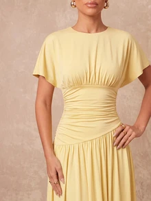 Lumalex New Pale Yellow Short Sleeve Ruched Waist Design Round Neck Long Dress Brunch Vacation Summer Elegant - Yellow - View 9