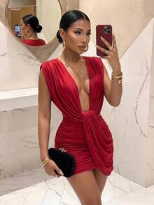 Slaydiva Women Red Deep V Twist Draped Ruched Mini Dress Sleeveless Padded Shoulder Bodycon Club Party Dress Holiday Birthday Prom Cocktail Party - Red - View 2