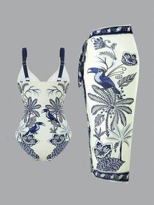 Swim Oasis Conjunto de 2 peças Mulheres Primavera/Verão 2025 Maiô Bikini Estampado & Saia Longa de Tule Praia Resort Casual, Conjunto de Maiô Boho, Maiô Vintage para Mulheres - Multicolorido - Visão 2