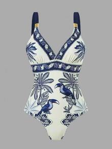 Swim Oasis Conjunto de 2 peças Mulheres Primavera/Verão 2025 Maiô Bikini Estampado & Saia Longa de Tule Praia Resort Casual, Conjunto de Maiô Boho, Maiô Vintage para Mulheres - Multicolorido - Visão 5