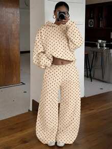Teen Girls Hooded Sweatshirt & Loose Straight Leg Sweatpants 2 Pieces Set, Polka Dot Pattern, Thickened Fleece Lined - Multicolor - View 3