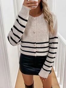 Calvaya Cardigan Rajut Leher Bulat Bergaris Longgar Baru, Sweater Pullover Lembut & Nyaman Ukuran Besar yang Melangsingkan - Aprikot - View 6