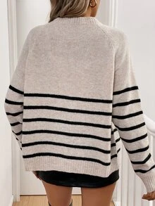 Calvaya Cardigan Rajut Leher Bulat Bergaris Longgar Baru, Sweater Pullover Lembut & Nyaman Ukuran Besar yang Melangsingkan - Aprikot - View 3